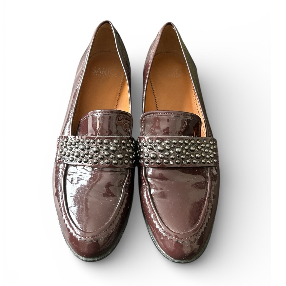 SARTO By Franco Sarto Glossy Patent Leather Burgundy Studded Loafers